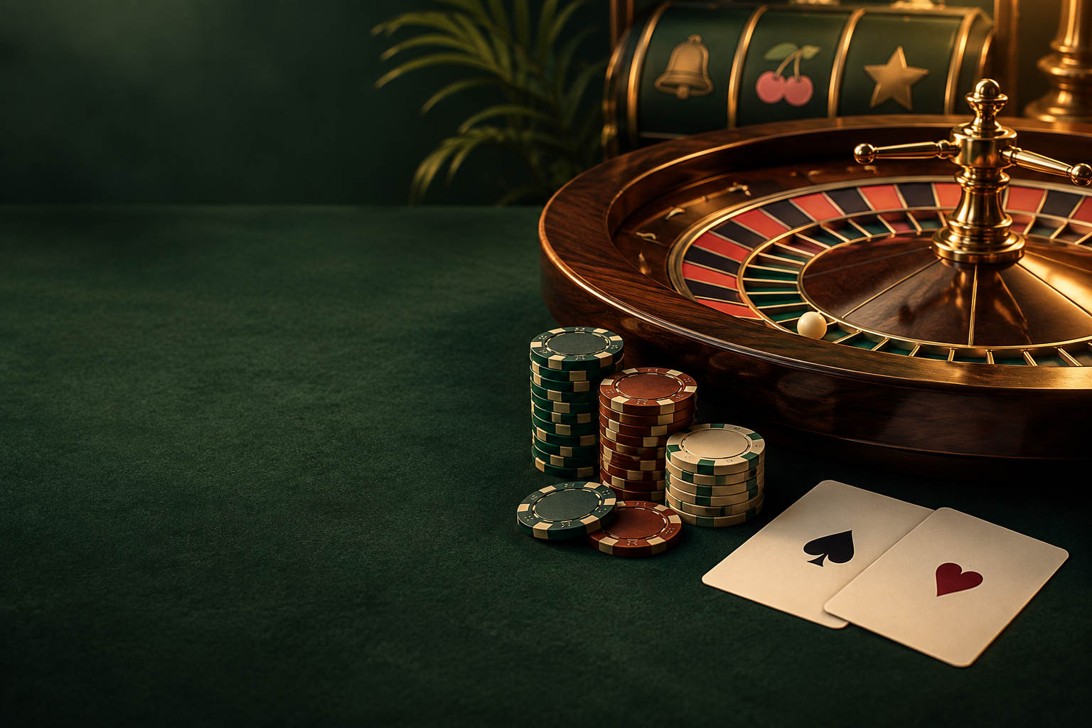 Ilustrasi meja roulette, kartu dan chip dengan cahaya tembaga